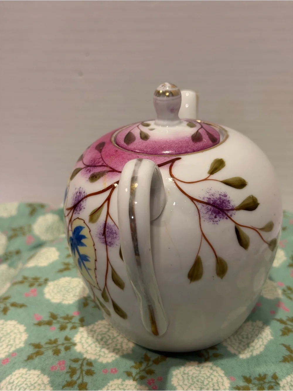 Vintage Hand Painted Porcelain  3 Pc Tea Set Tea Pot Lidded Sugar And Creamer.
